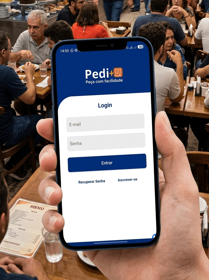 Tela do Pedi+ mostrando controle de pedidos, mesas e gestão no celular